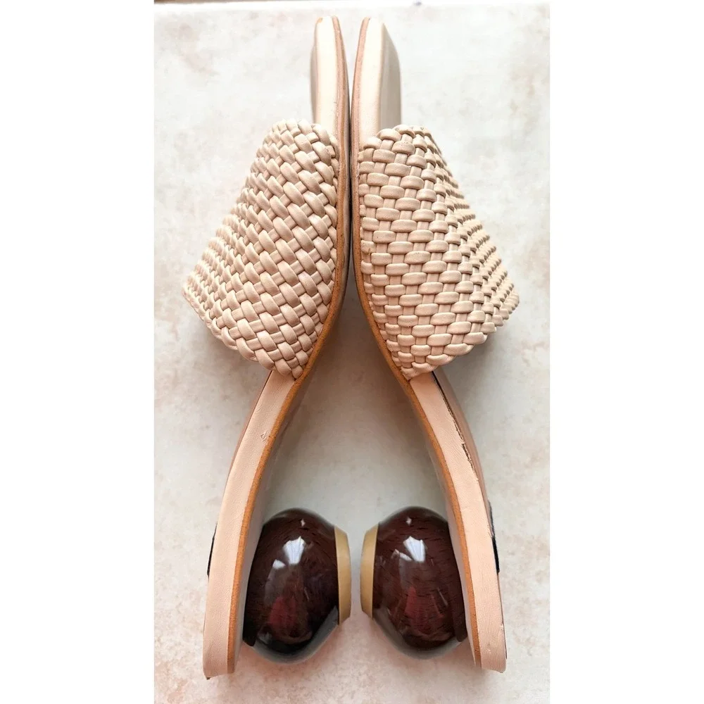 Angel Alarcon Woven Leather Ball Heel Mules Nude Beige Square Toe Spain 36